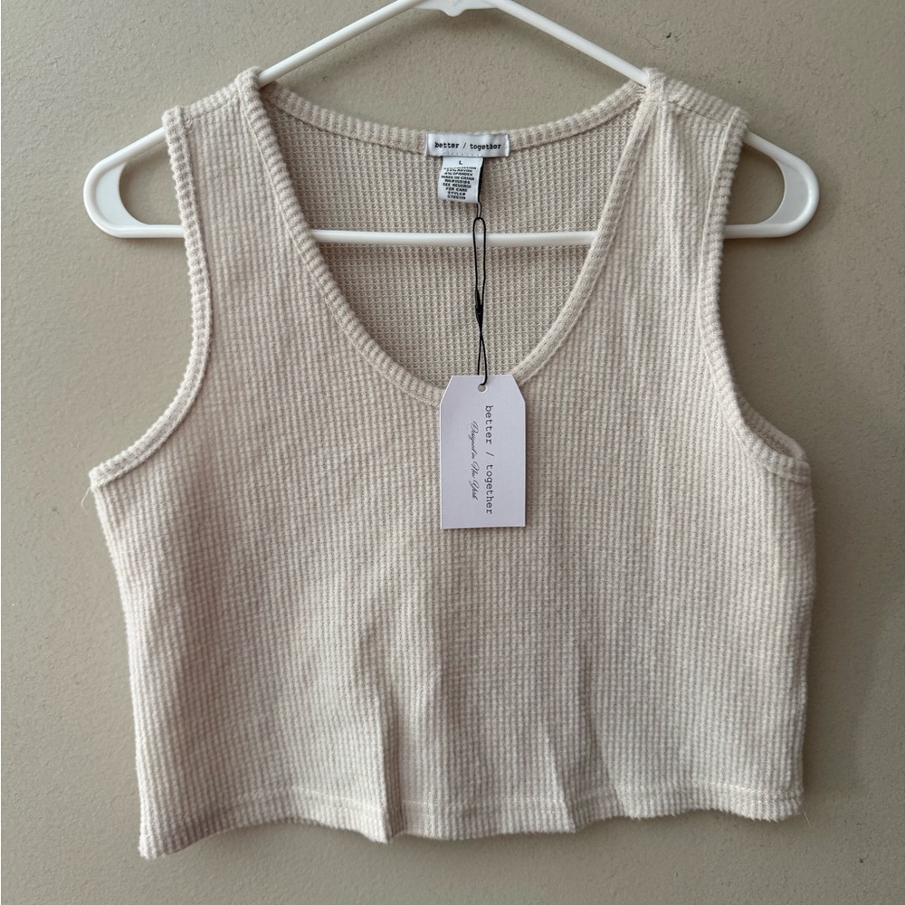 Better Together Womens Boho Cropped Waffle Knit Thermal Tank Top Cream Large NWT